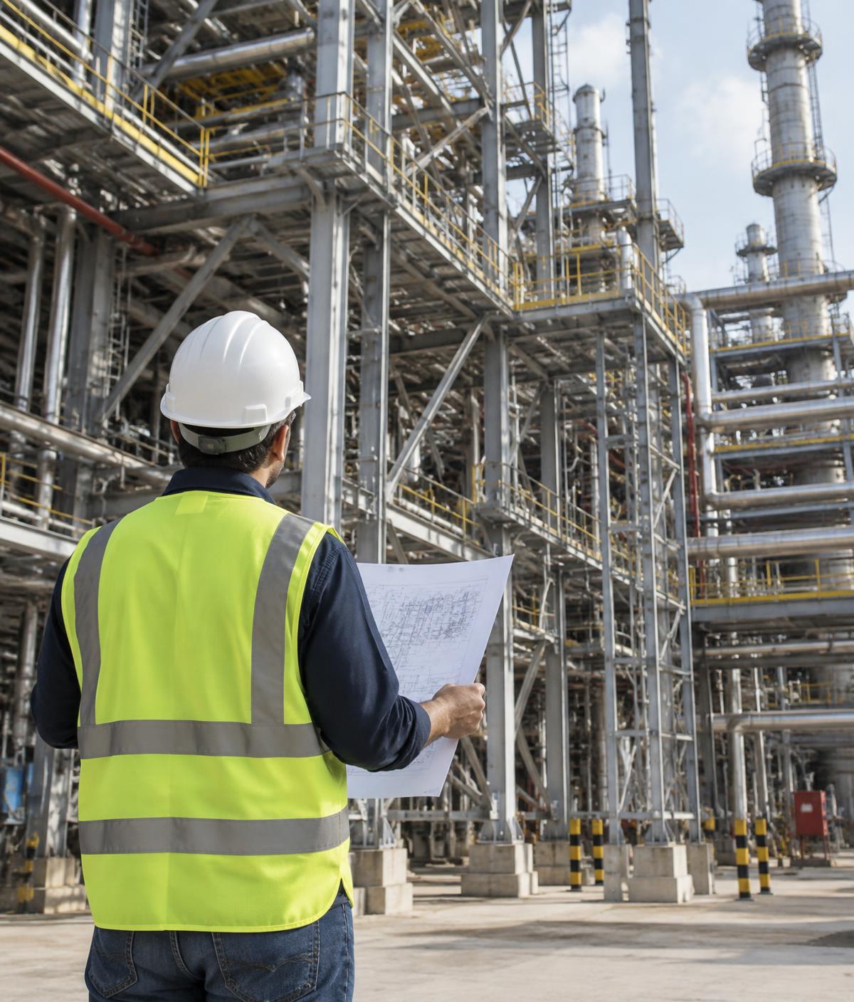 Engenheiro analisando desenhos técnicos diante de estrutura industrial